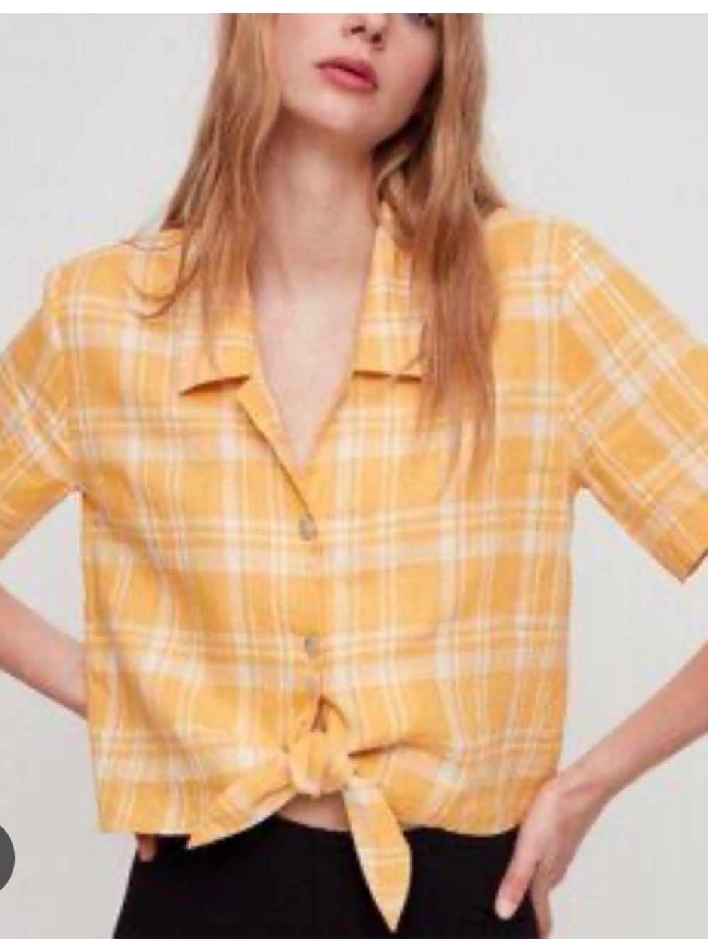 Wilfred Yellow Plaid Tie-Front Button Down Shirt